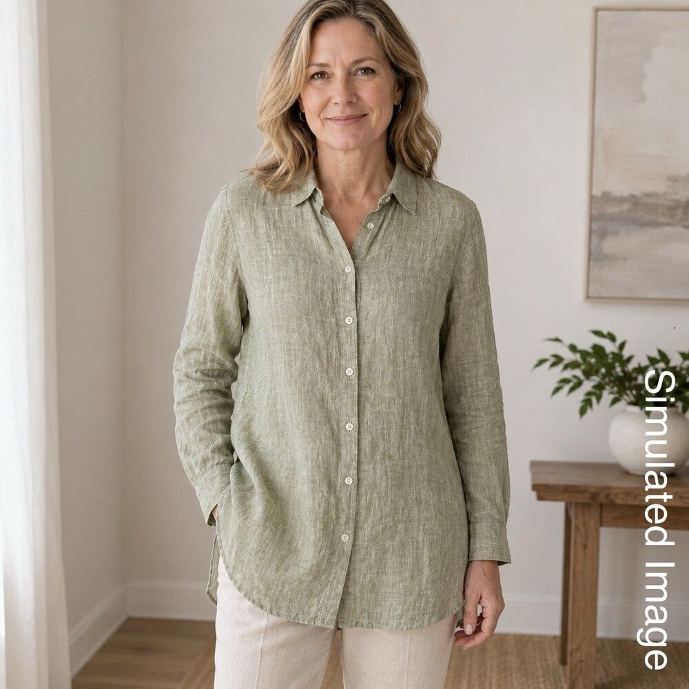 J Jill Love Linen Tunic Top Womens Medium Green 100% Linen Button Shirt
